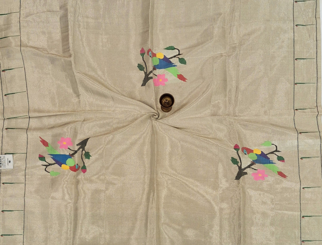 Beige Parrot Design Silk Blouse Piece