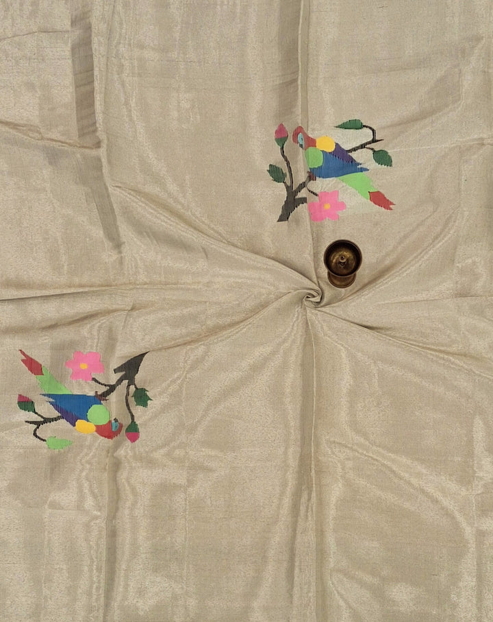 Beige Parrot Design Silk Blouse Piece