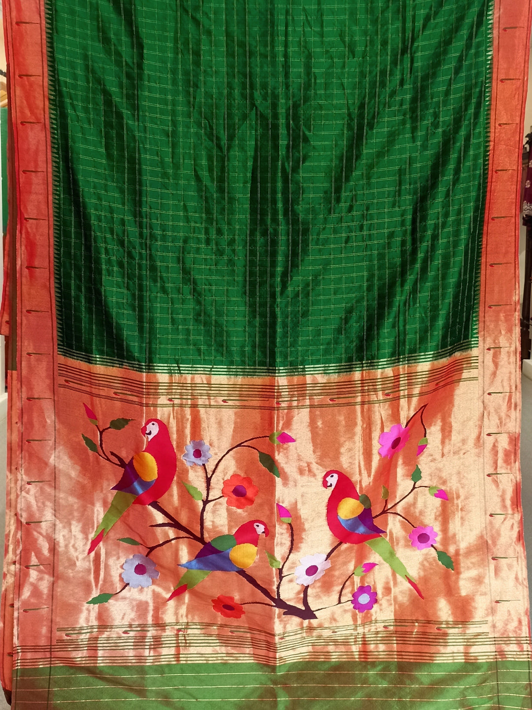 Bottle green checks rich pallu silk paithani saree