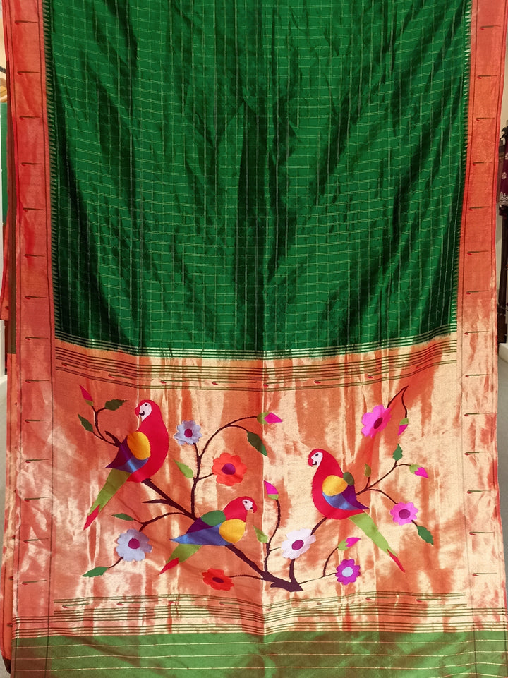 Bottle green checks rich pallu silk paithani saree