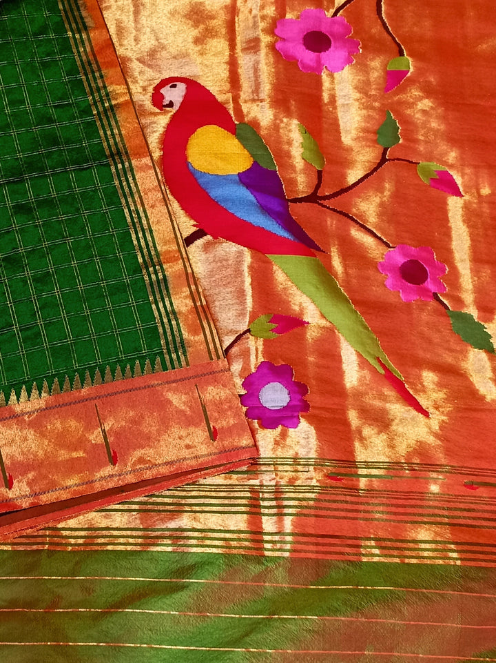 Bottle green checks rich pallu silk paithani saree