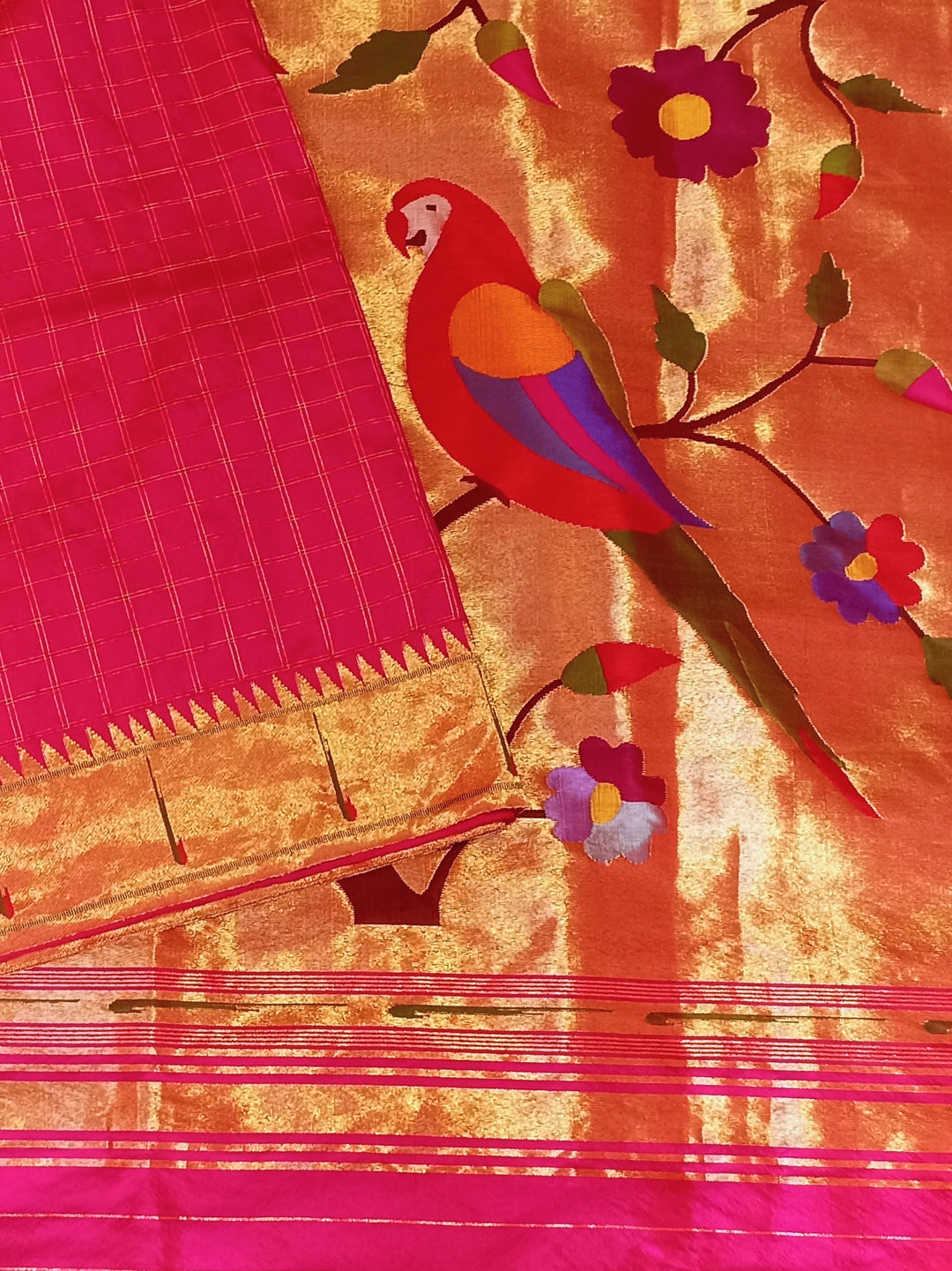 Pink checks rich pallu silk paithani saree