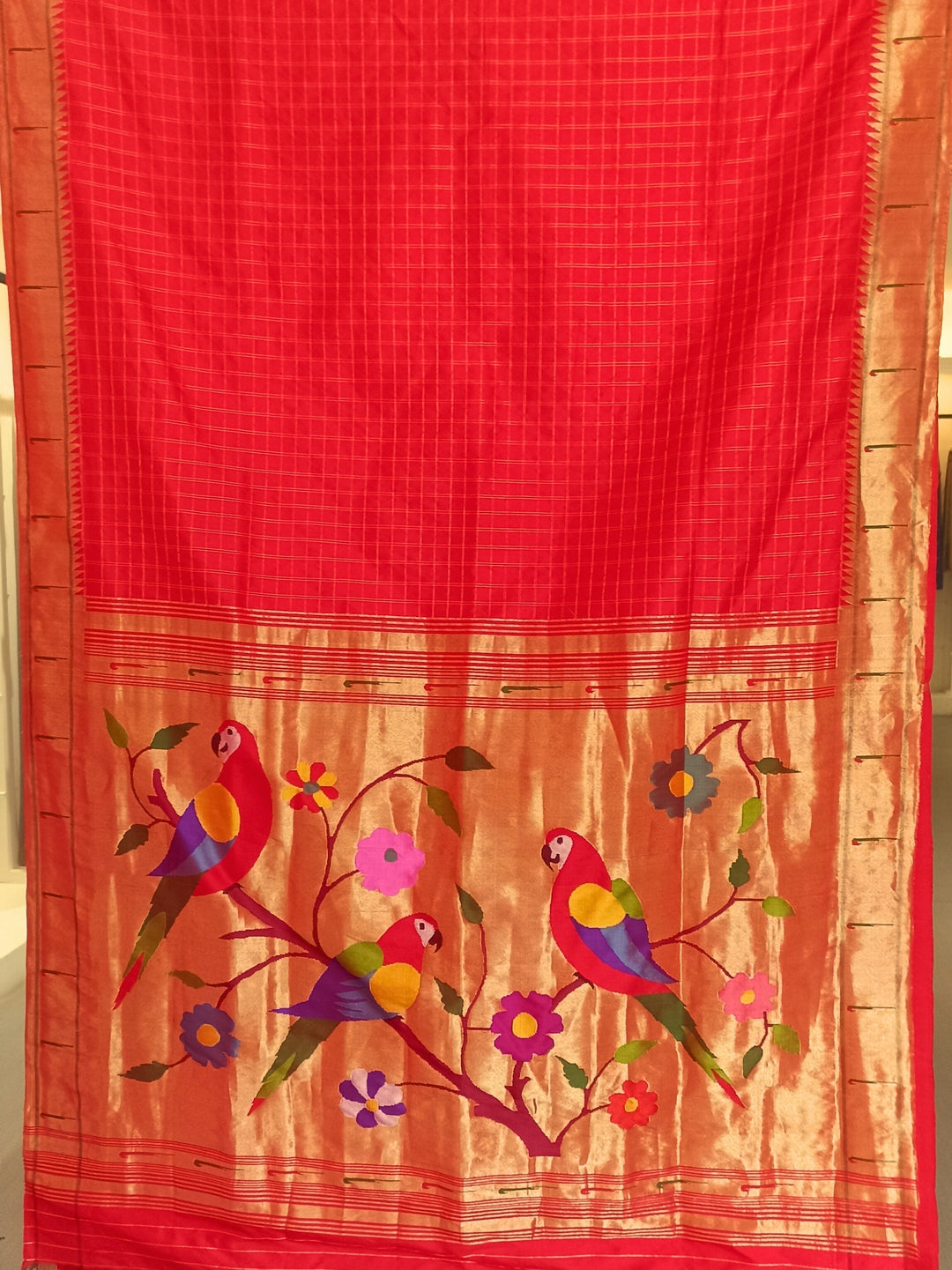 Red checks rich pallu silk paithani saree