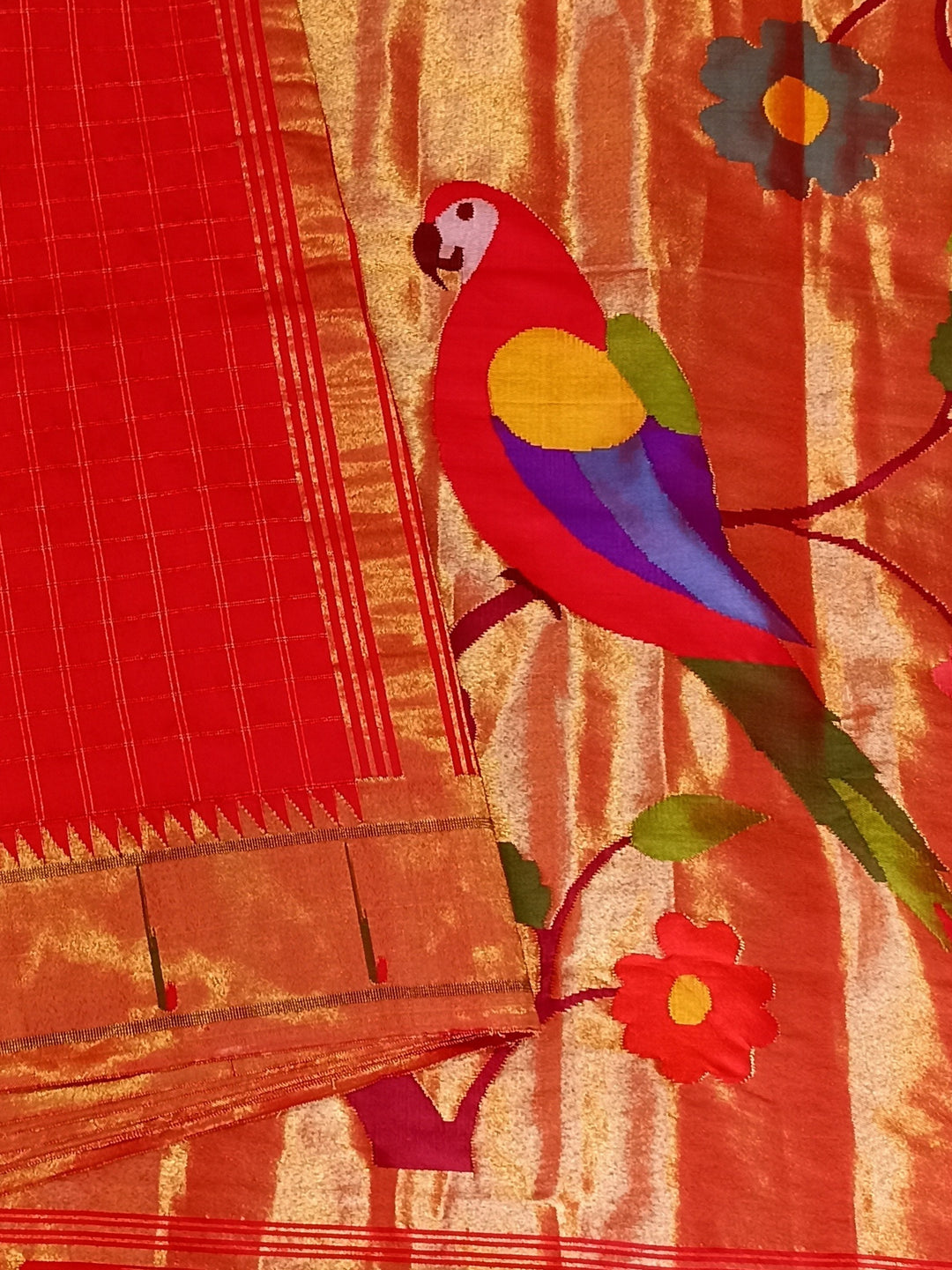 Red checks rich pallu silk paithani saree