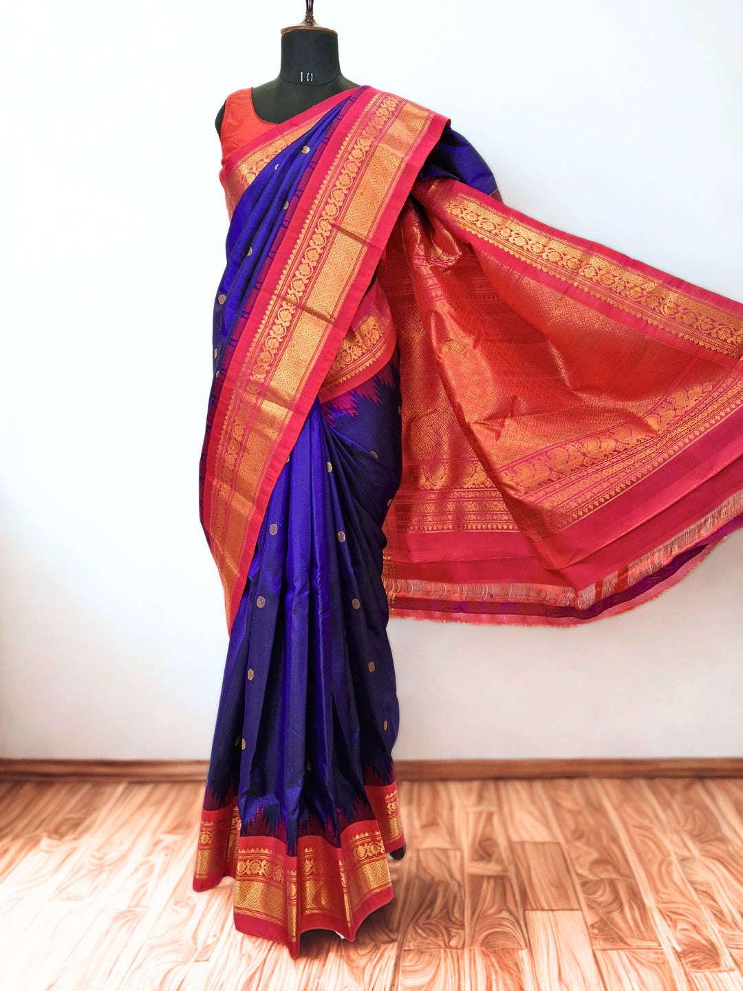 Navy Blue Silk Gadwal with Gold Zari Border