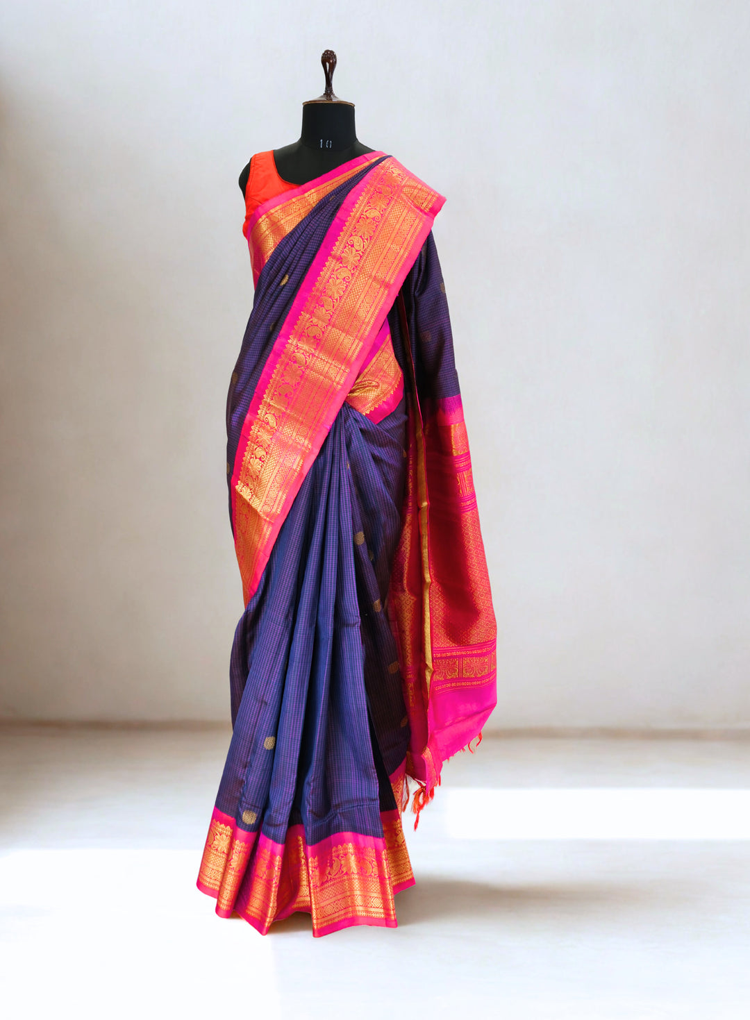 Navy Blue Checks Gadwal Silk Saree Online
