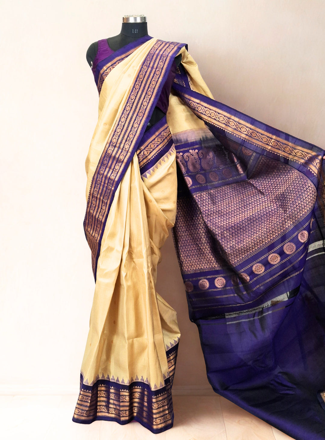 Beige Gadwal Silk Saree with Gold Zari