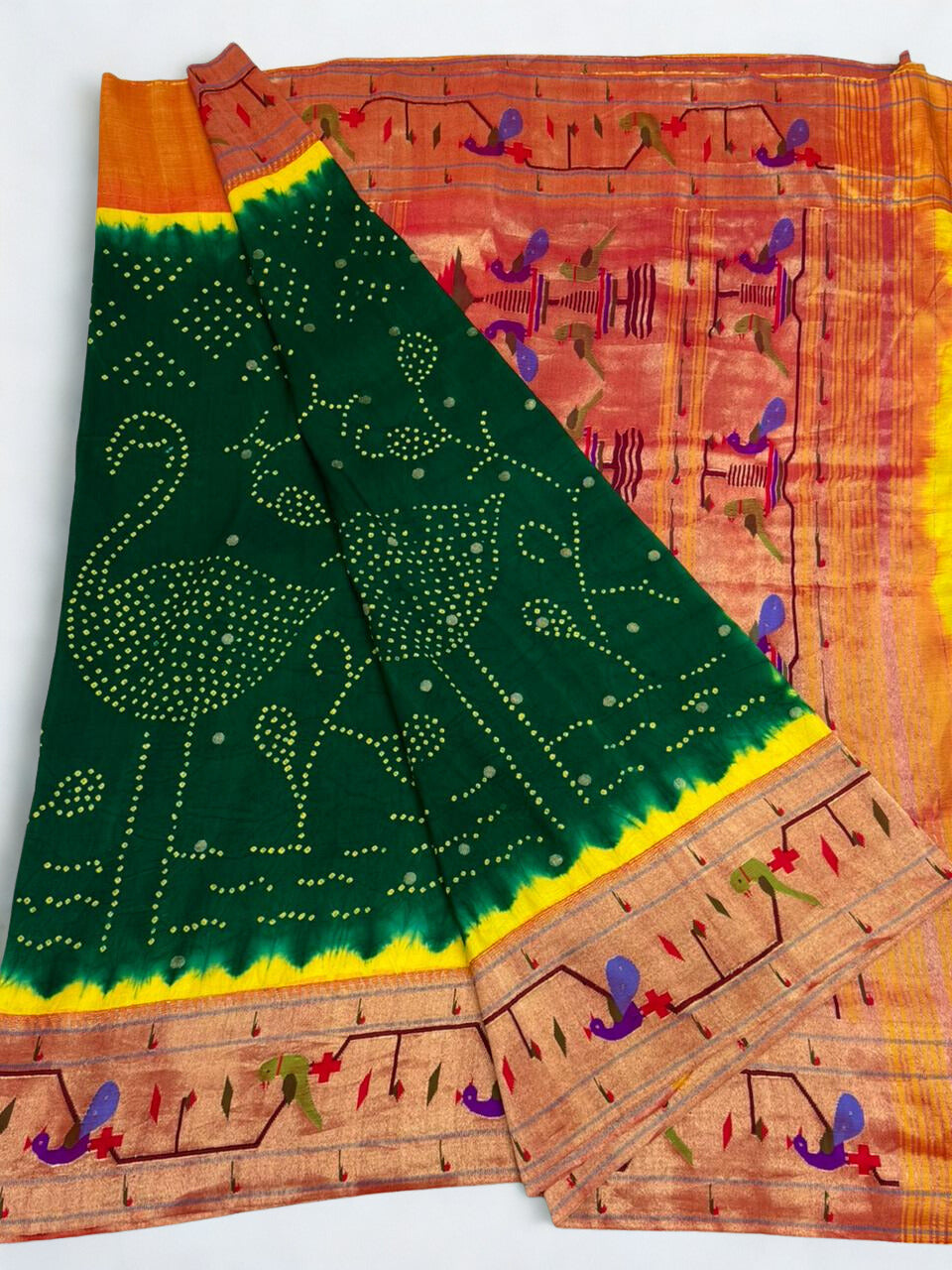 Bottle green parrot and peacock border bandhani silk paithani saree