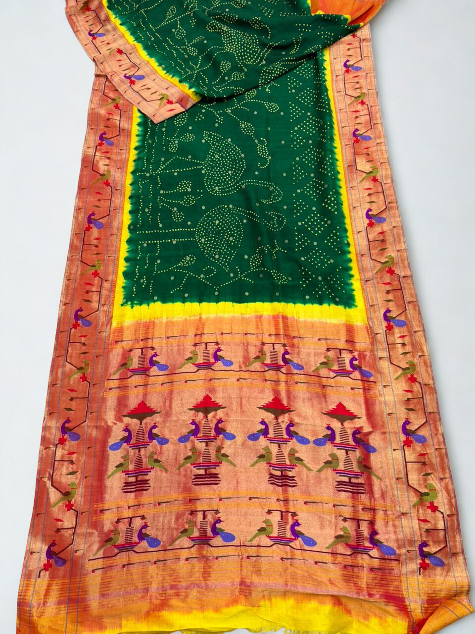 Bottle green parrot and peacock border bandhani silk paithani saree