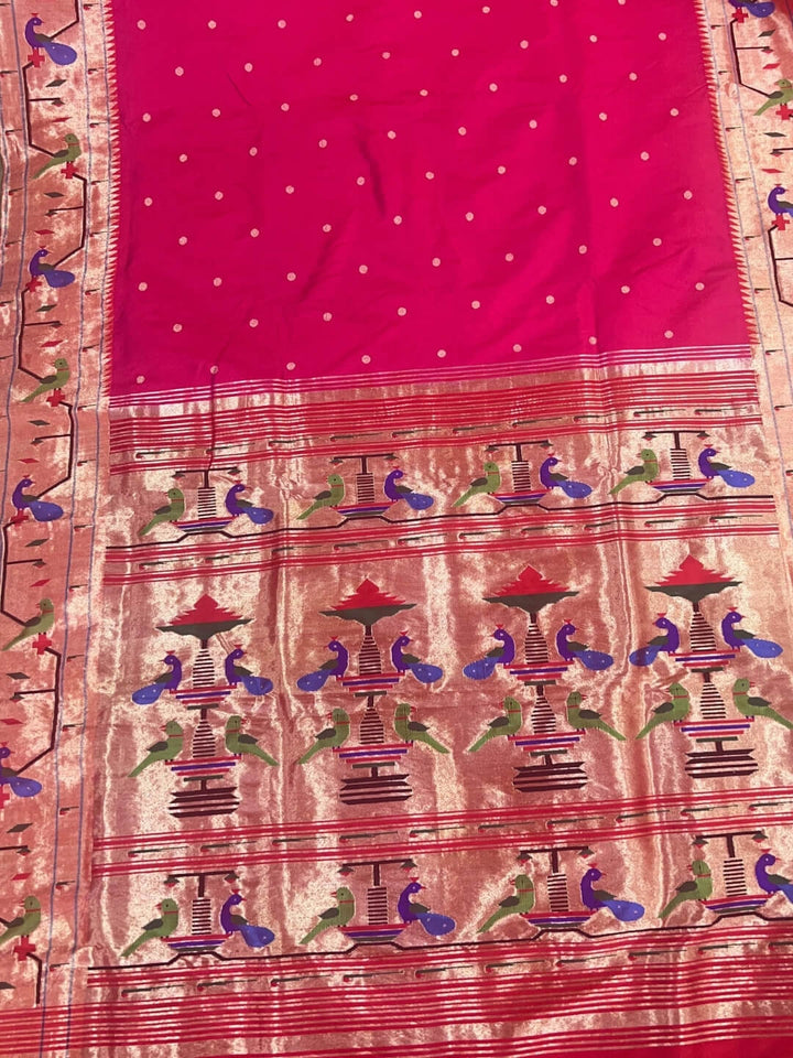 Pink Parrot and Peacock Border Silk Paithani Saree