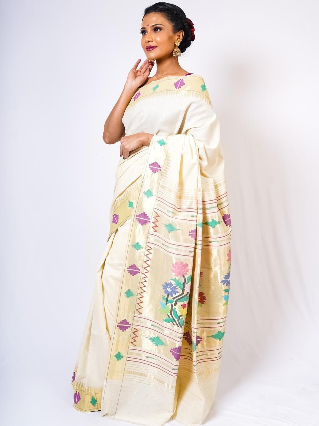 Pearl White Baro Panjo Border Cotton Paithani