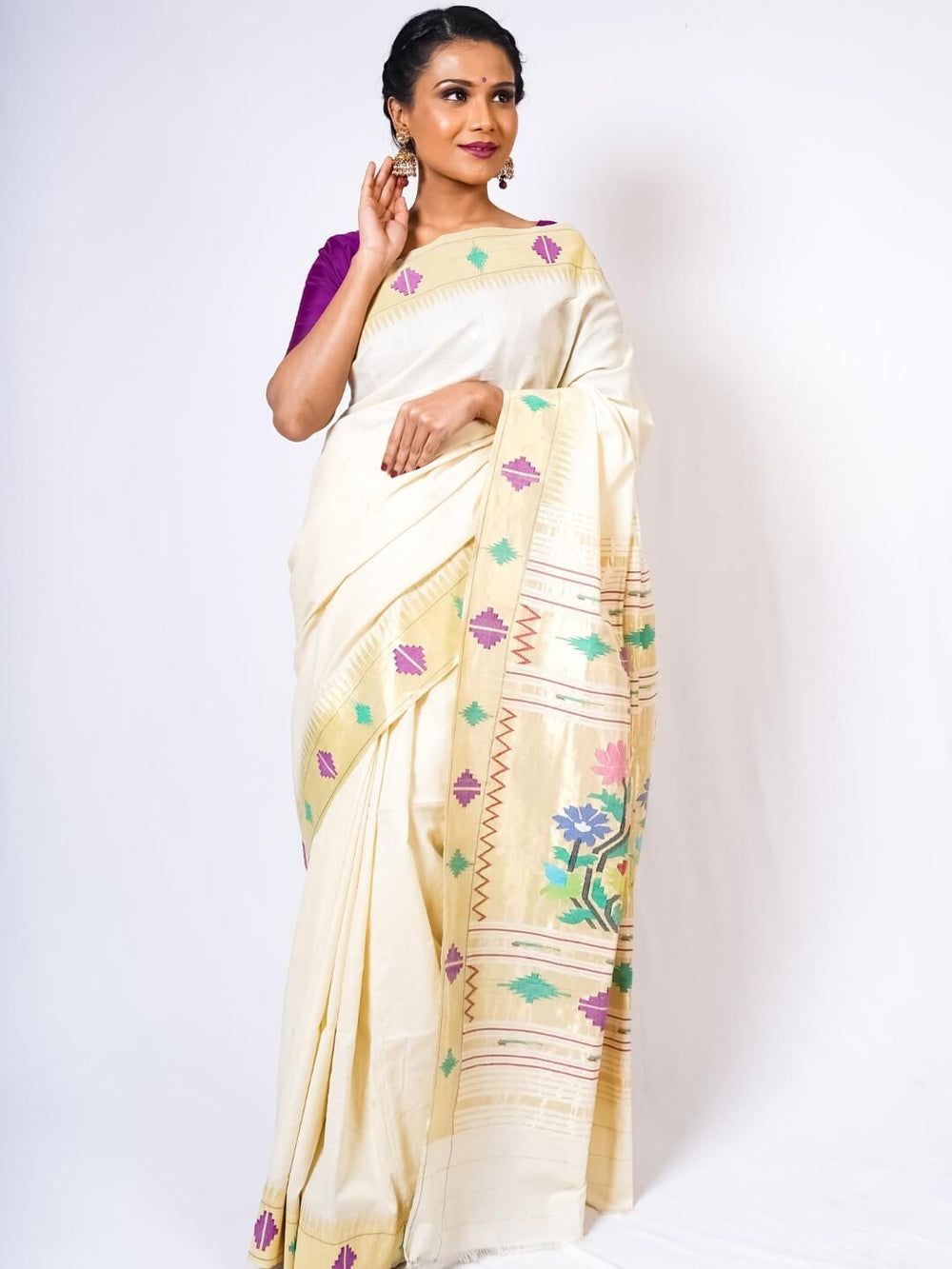 Pearl White Baro Panjo Border Cotton Paithani
