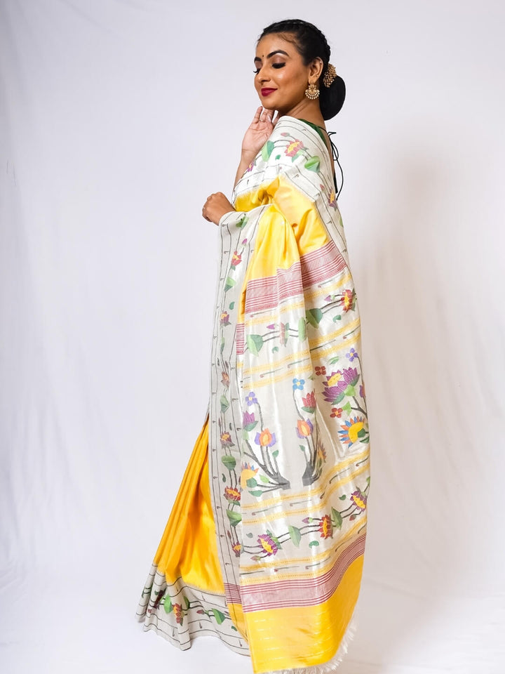 Butterscotch Yellow Paithani with Lotus Zari Border