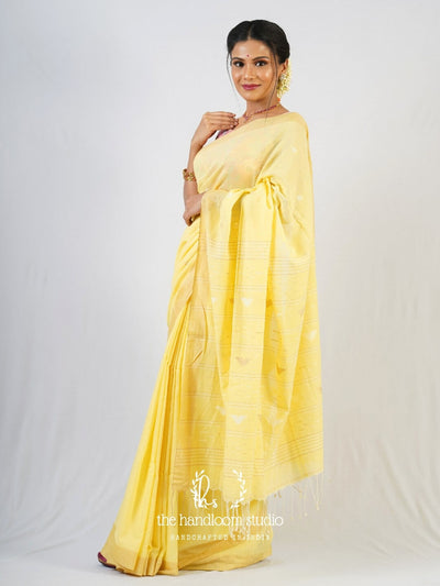Pale yellow cotton jamdani saree