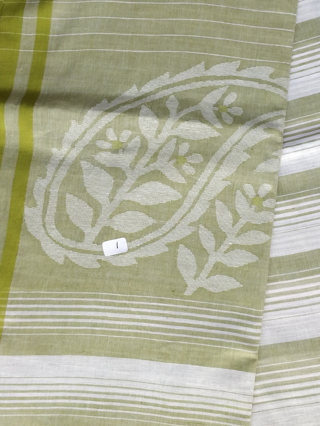 Offwhite Jamdani Cotton Handloom Saree with Lime Green Border
