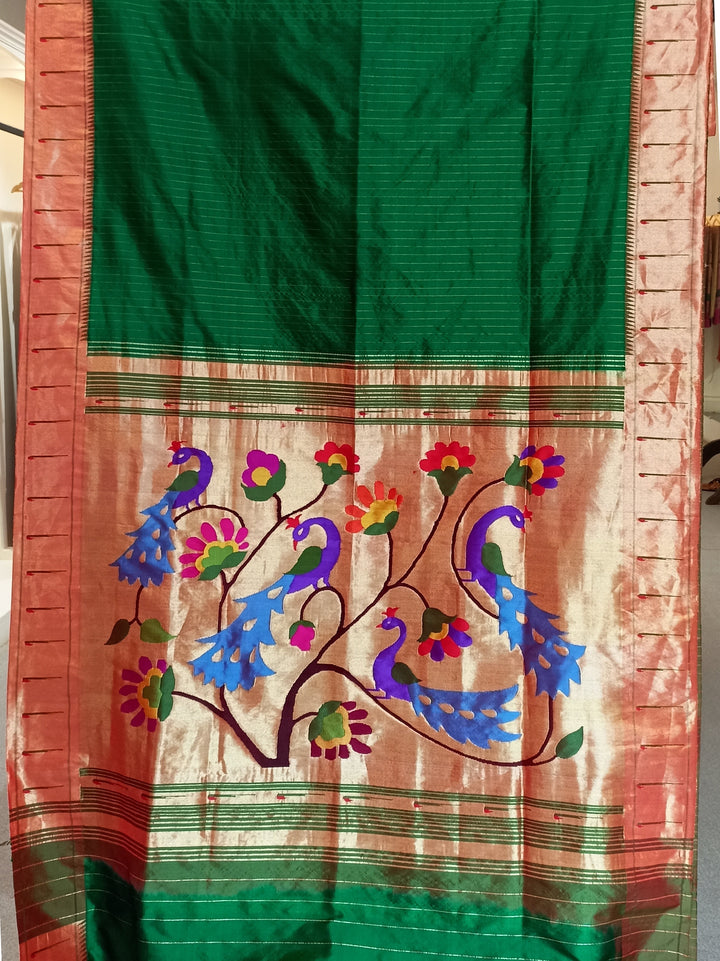 Bottle green rich pallu muniya silk paithani saree