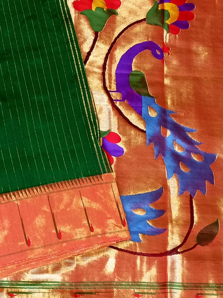 Bottle green rich pallu muniya silk paithani saree