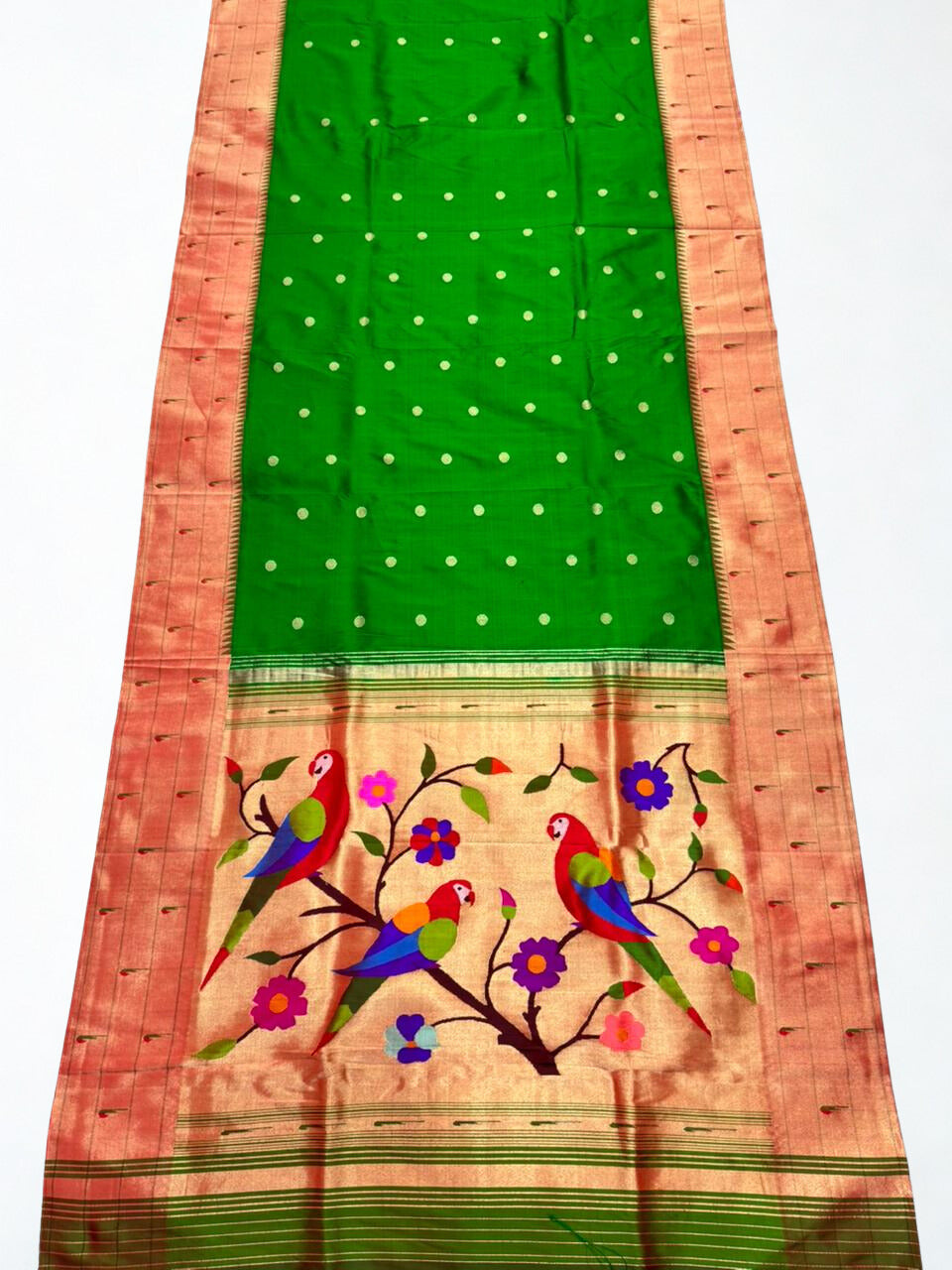 Bottle green triple muniya rich pallu silk paithani saree