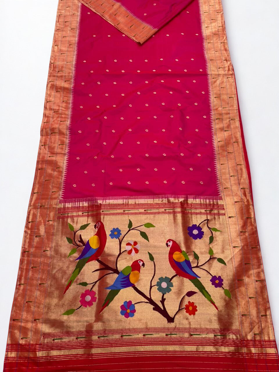 Fuchsia pink triple muniya rich pallu silk paithani saree