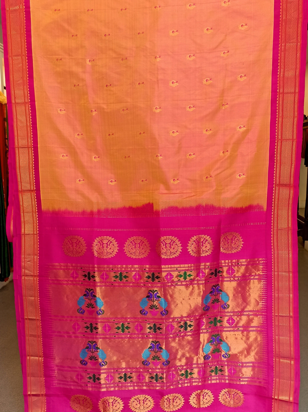 Peach Pink Gold Zari Paithani Saree