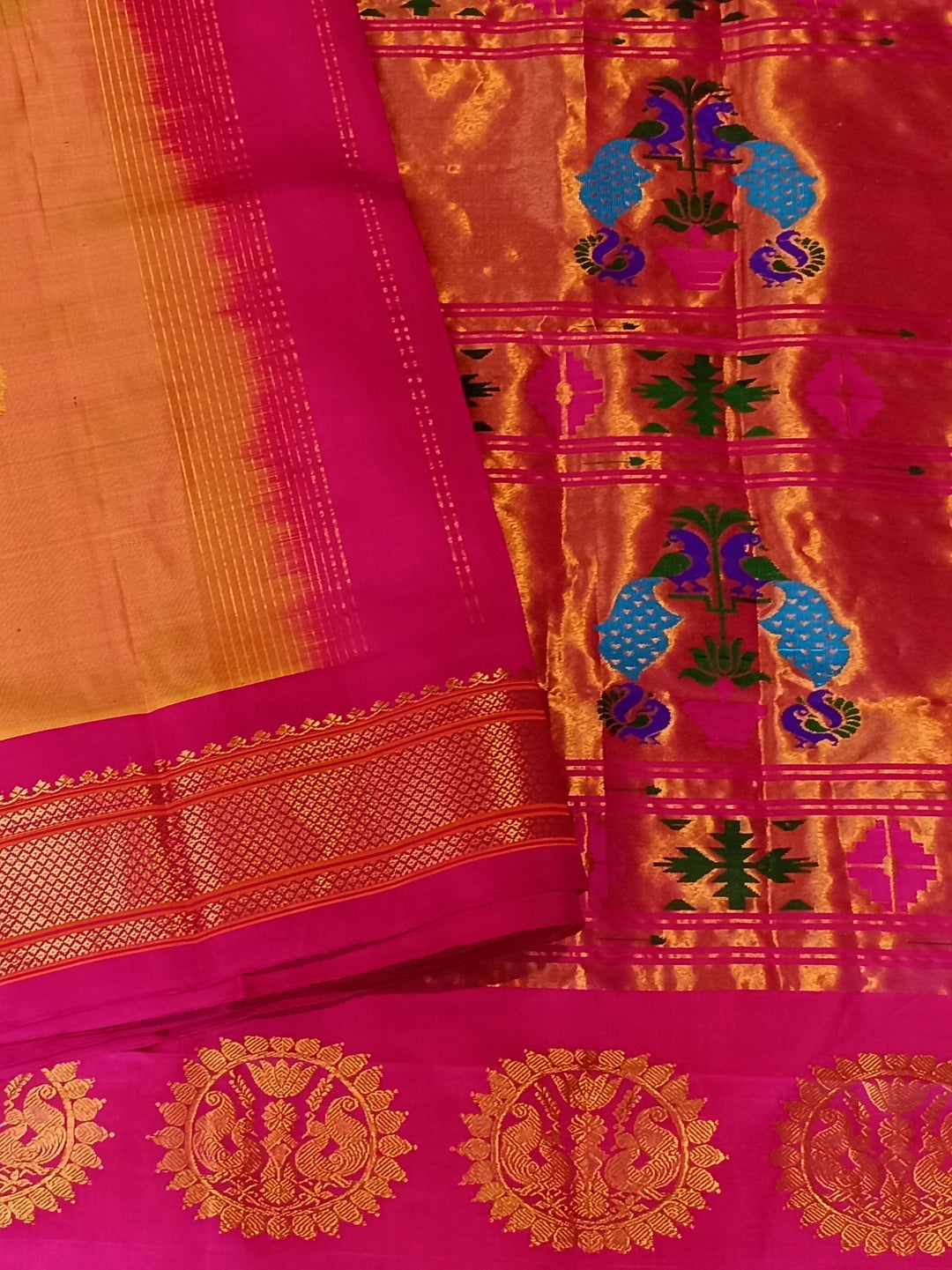Peach Pink Gold Zari Paithani Saree