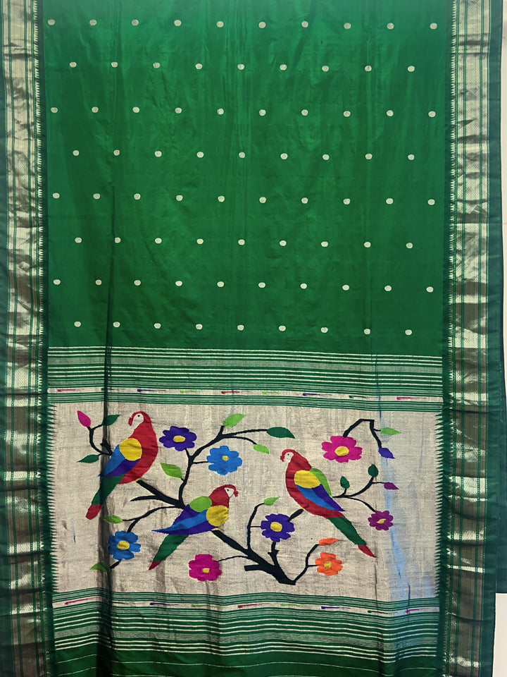 Bottle Green Silver Border Paithani