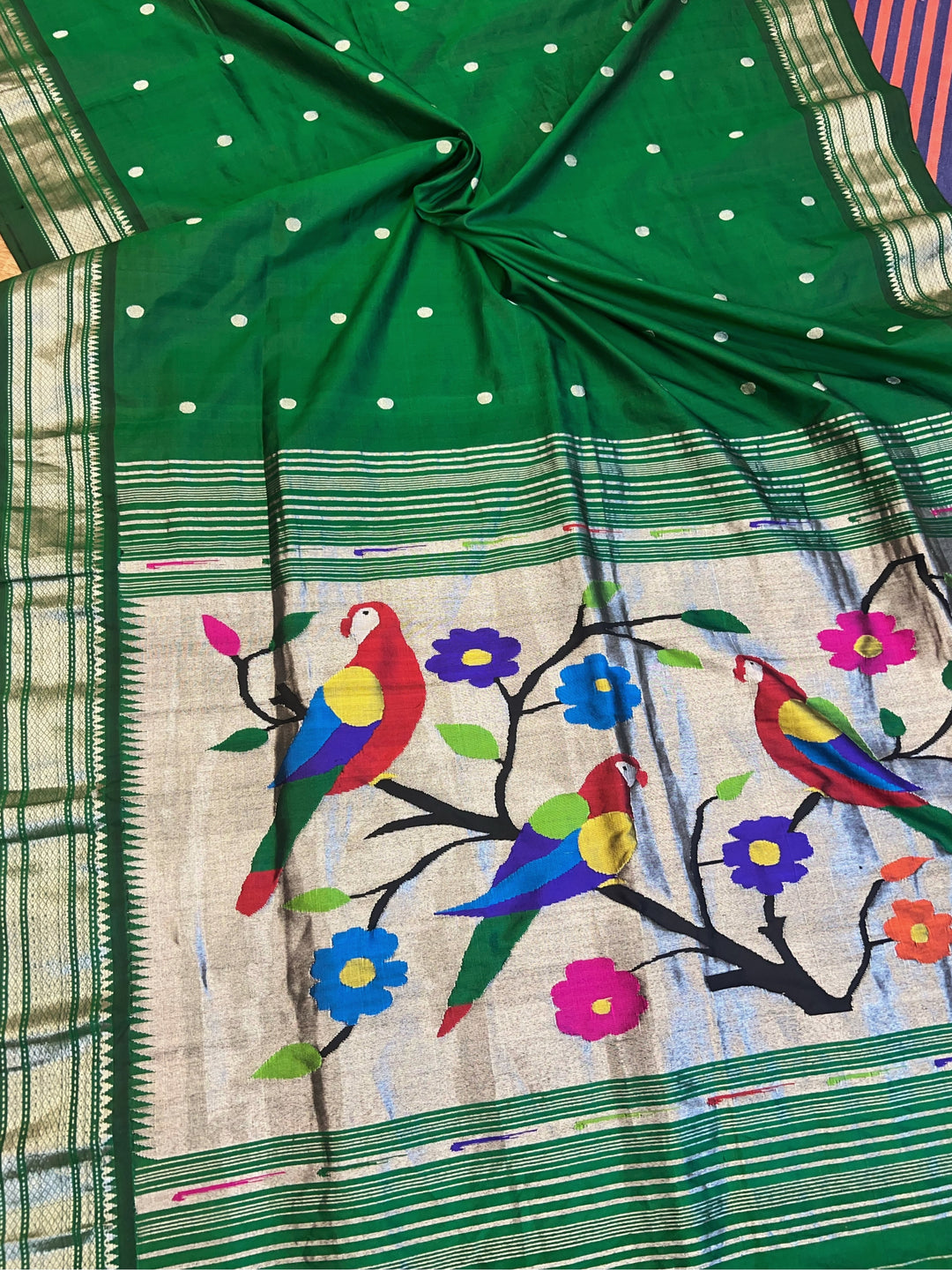 Bottle Green Silver Border Paithani