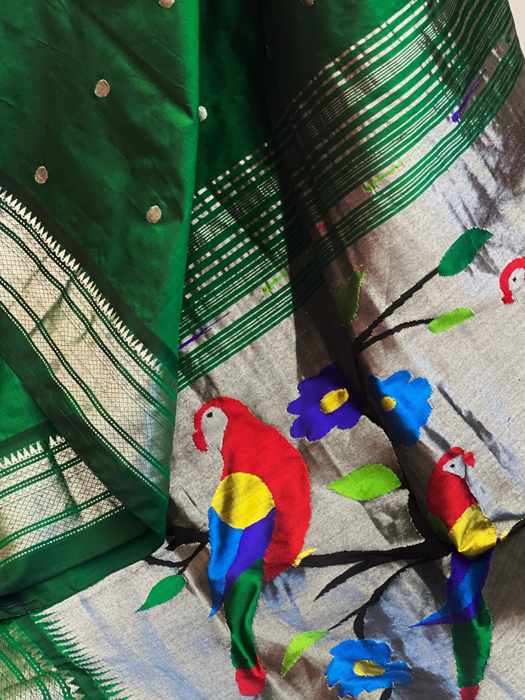 Bottle Green Silver Border Paithani
