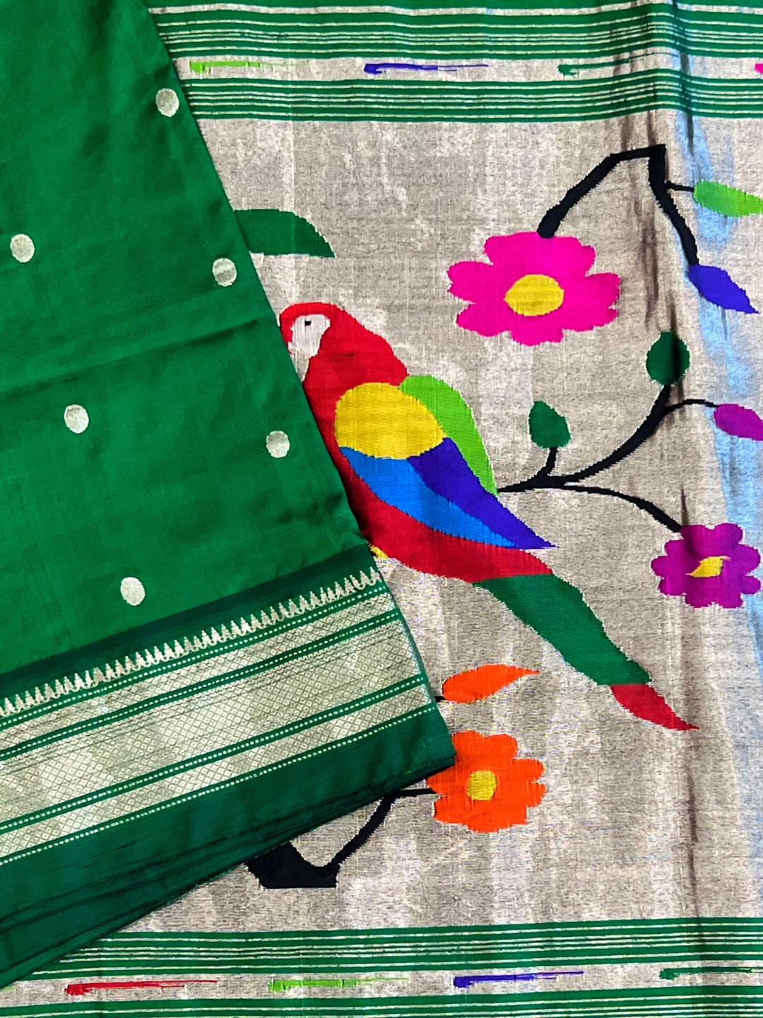 Bottle Green Silver Border Paithani