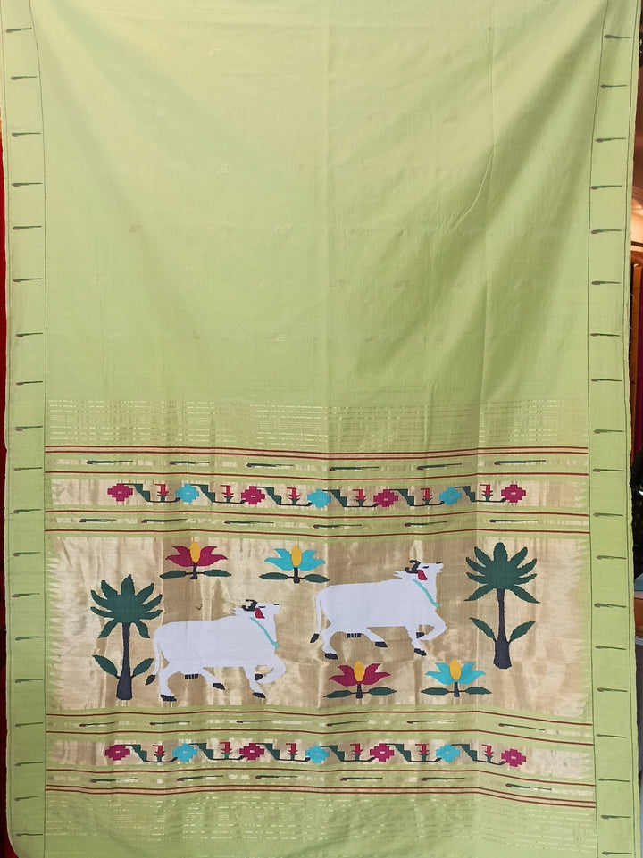 Lime Green Rich Pallu Cotton Paithani Saree
