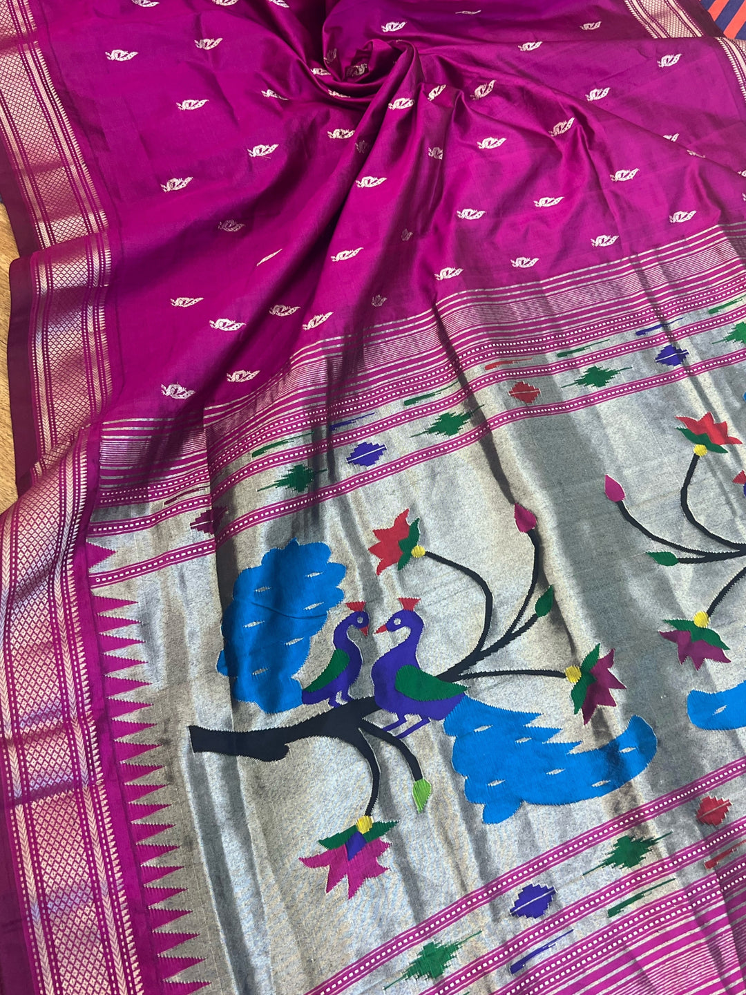 Wine Silk Paithani Saree with Silver Zari