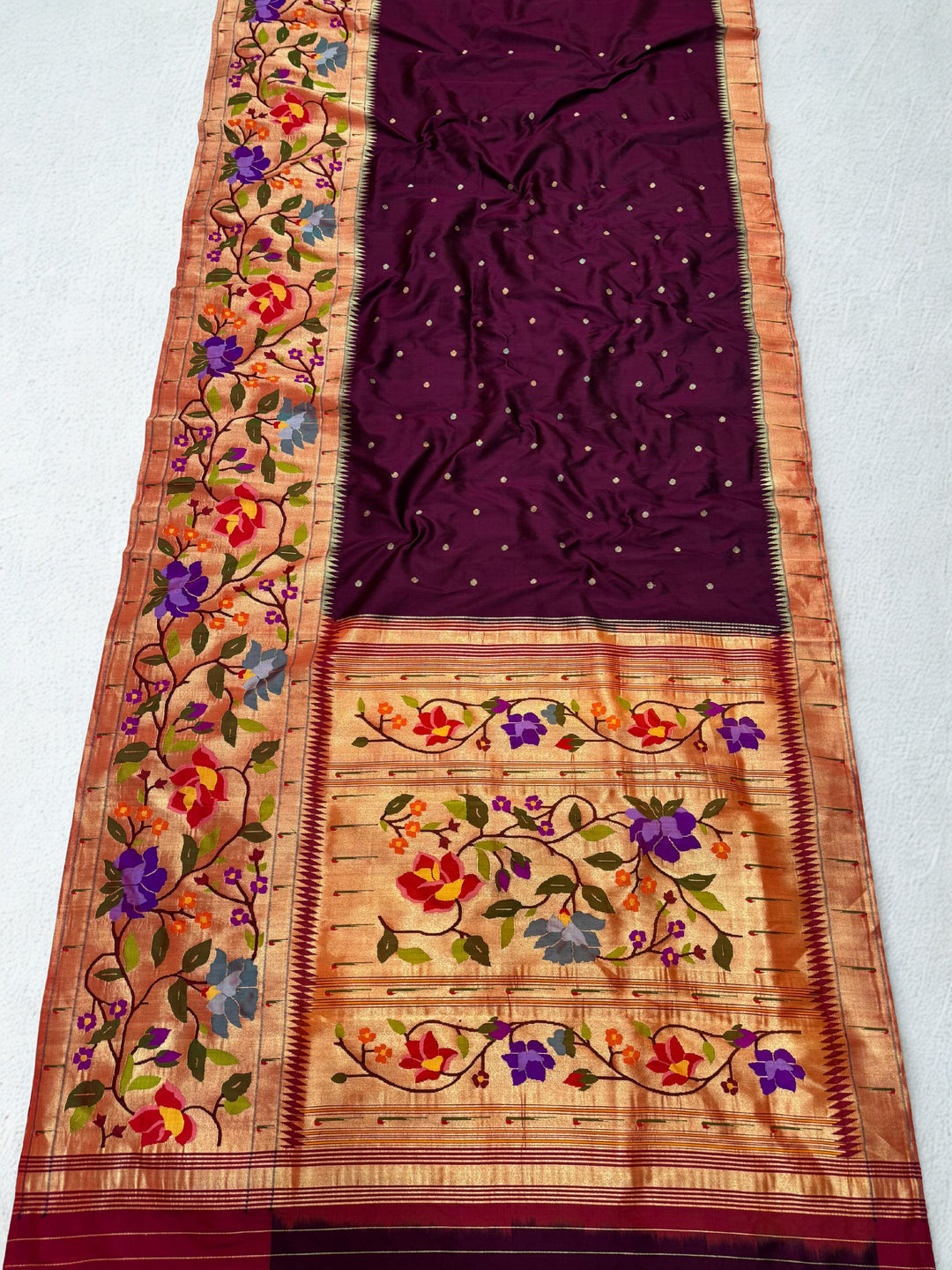 Wine floral border rich pallu silk paithani saree