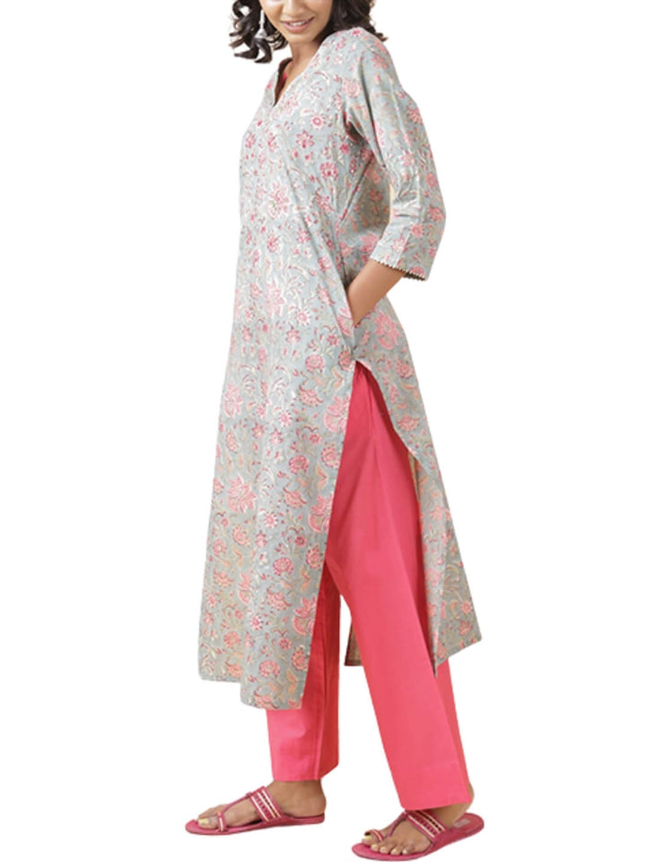 Floral Grey Hand Block Printed Kurta