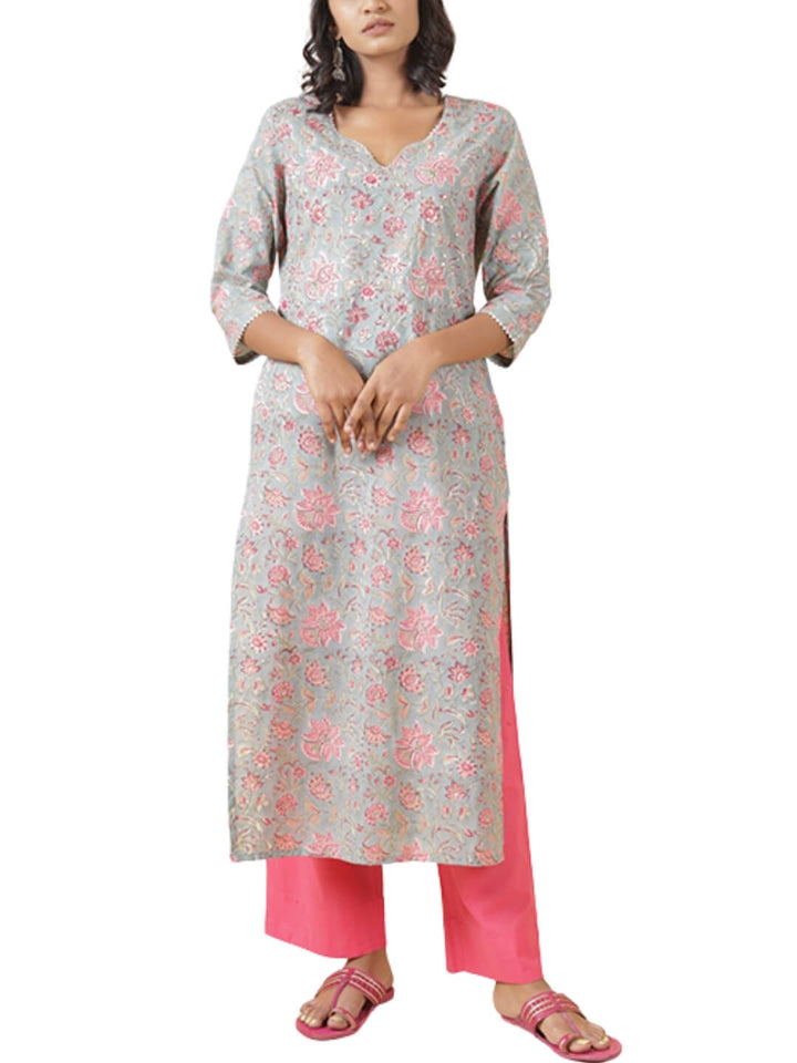 Floral Grey Hand Block Printed Kurta