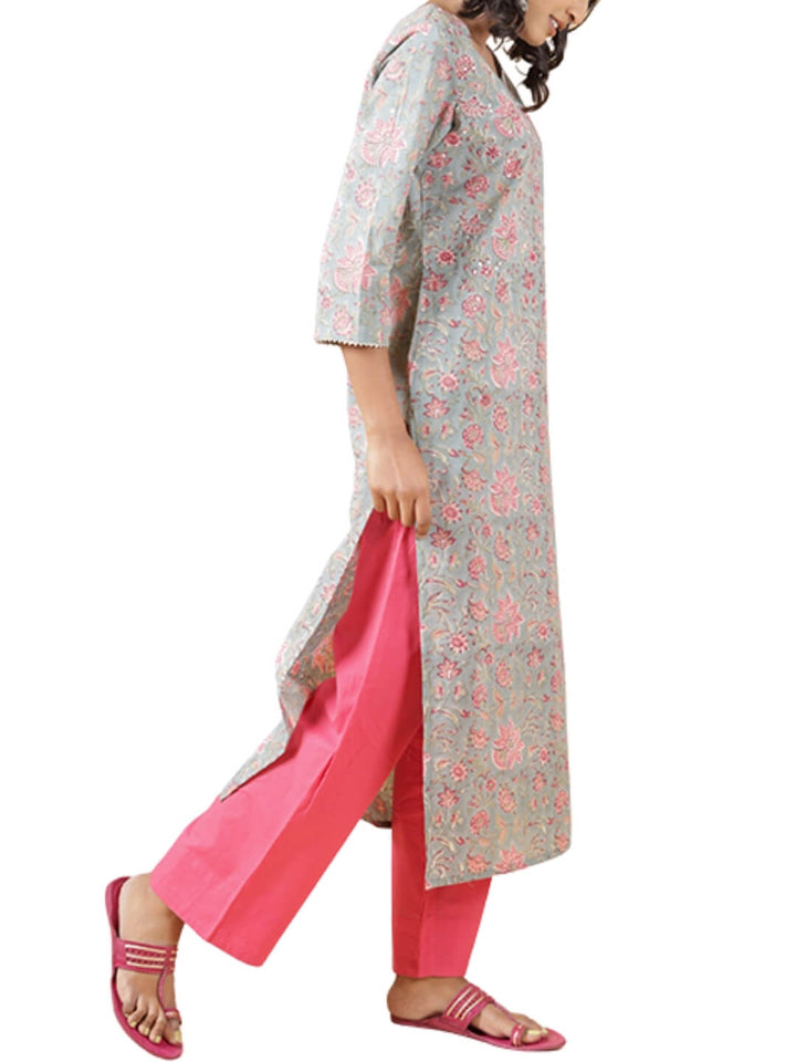 Floral Grey Hand Block Printed Kurta