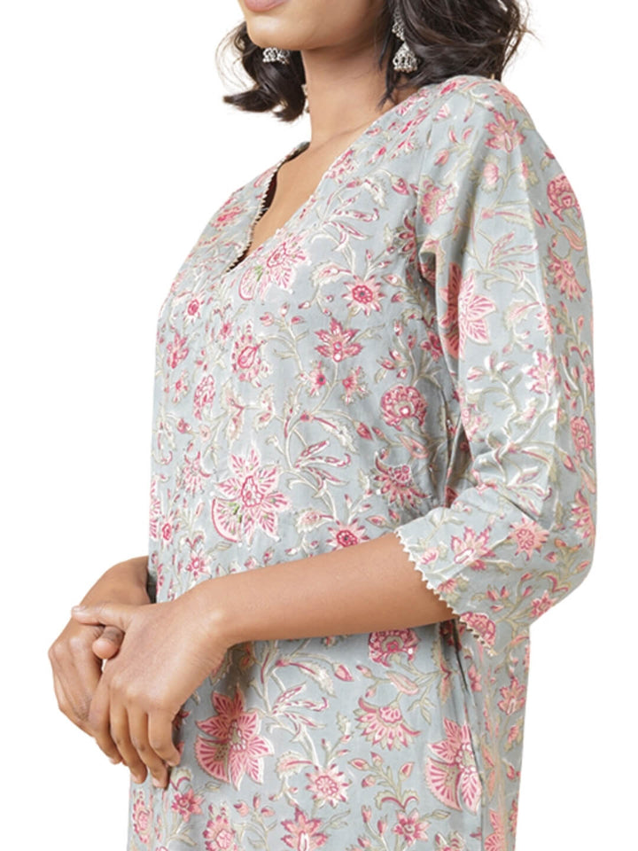 Floral Grey Hand Block Printed Kurta