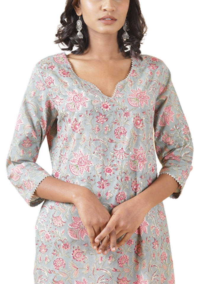 Floral Grey Hand Block Printed Kurta