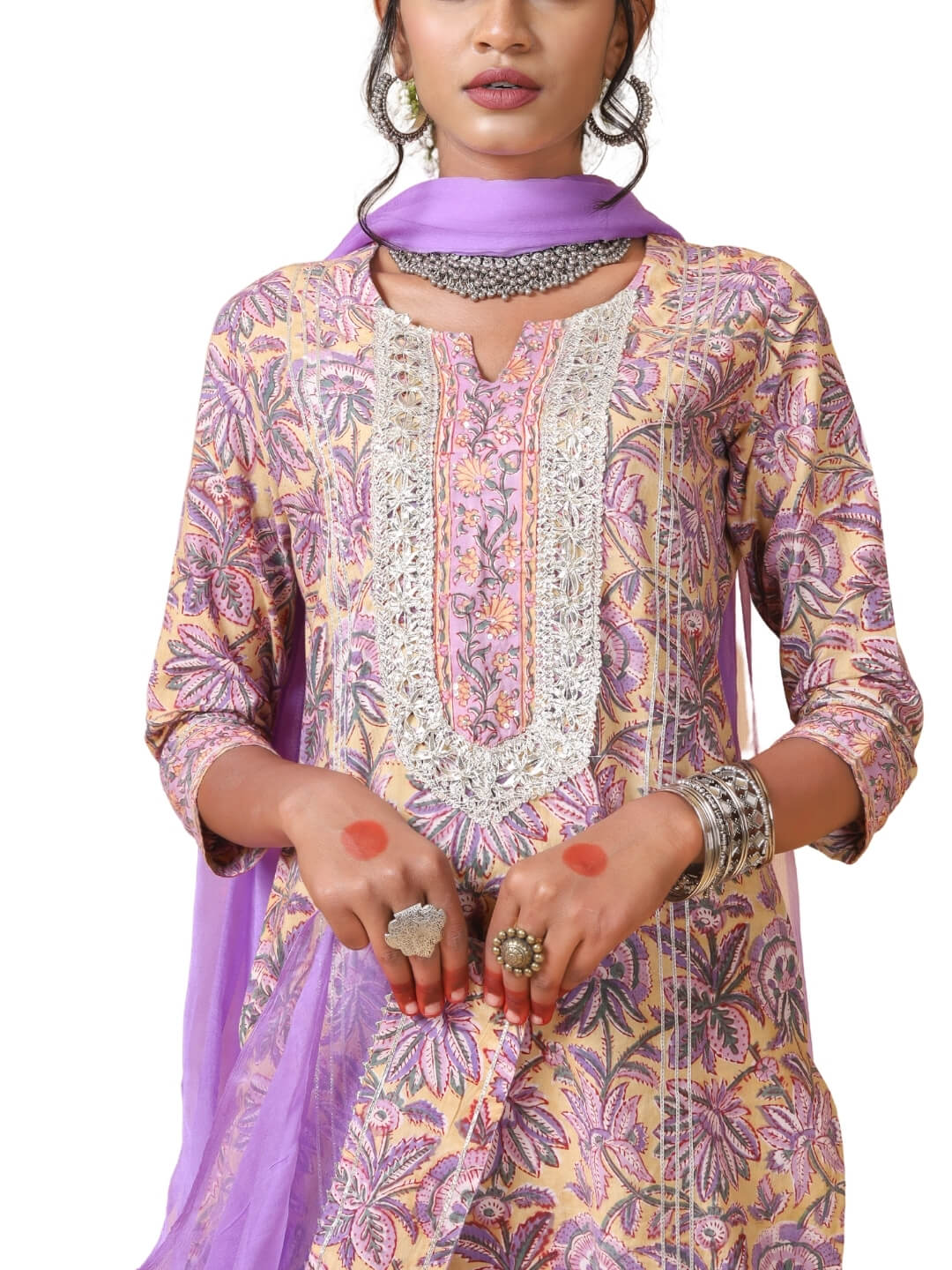 Lavender Hand Block Print Kurta with Chiffon Dupatta and  Pants