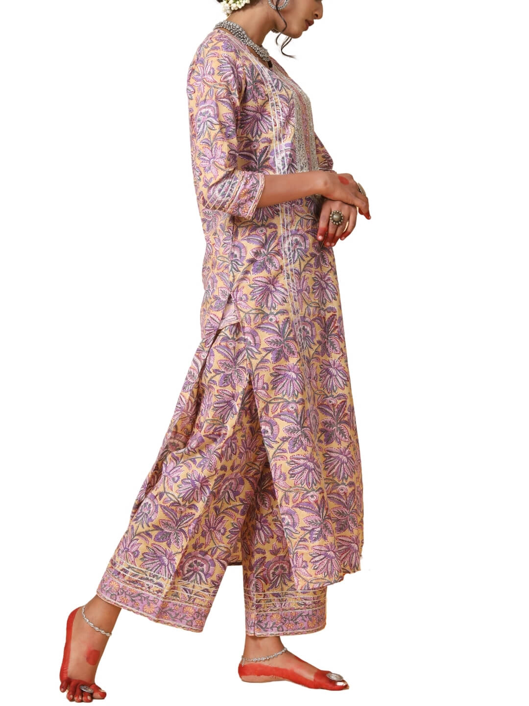 Lavender Hand Block Print Kurta with Chiffon Dupatta and  Pants