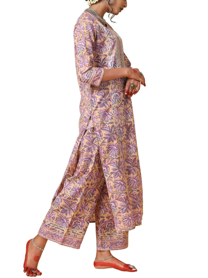 Lavender Hand Block Print Kurta with Chiffon Dupatta and  Pants