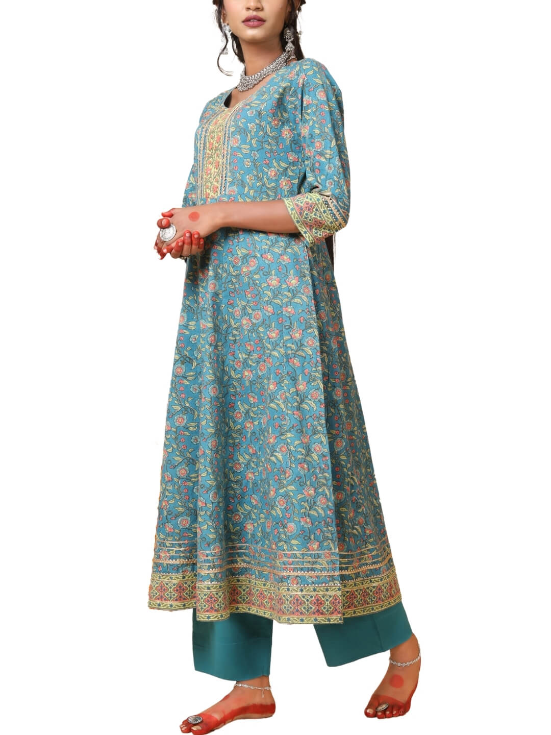 Sea Blue Hand Block Print Kurta with Chiffon Dupatta
