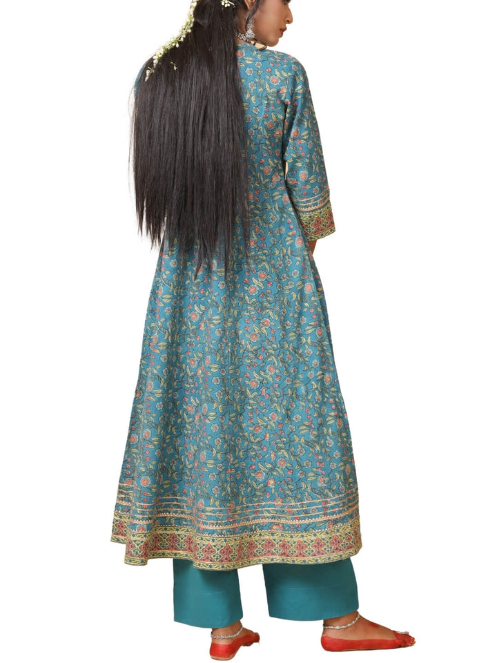 Sea Blue Hand Block Print Kurta with Chiffon Dupatta