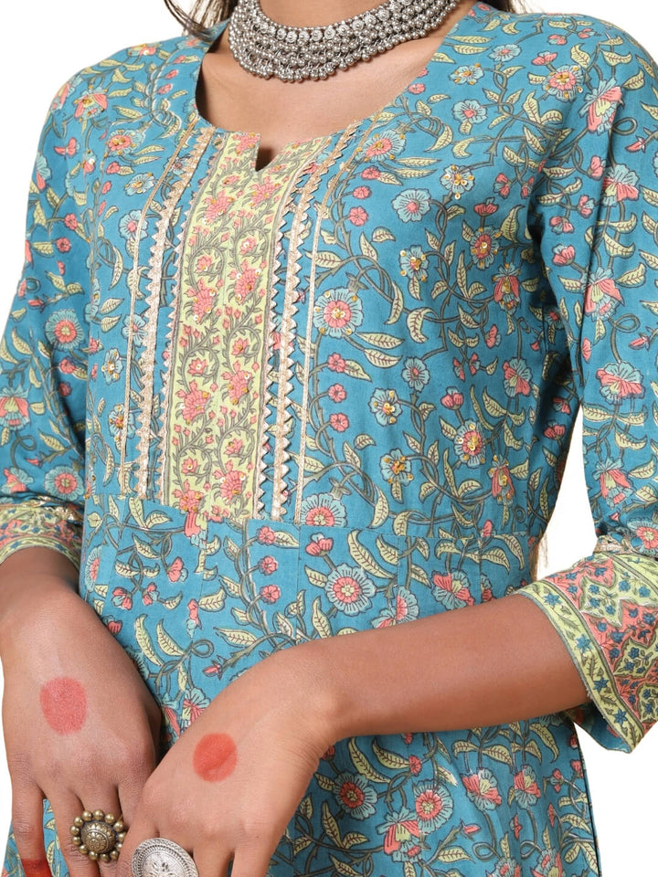 Sea Blue Hand Block Print Kurta with Chiffon Dupatta