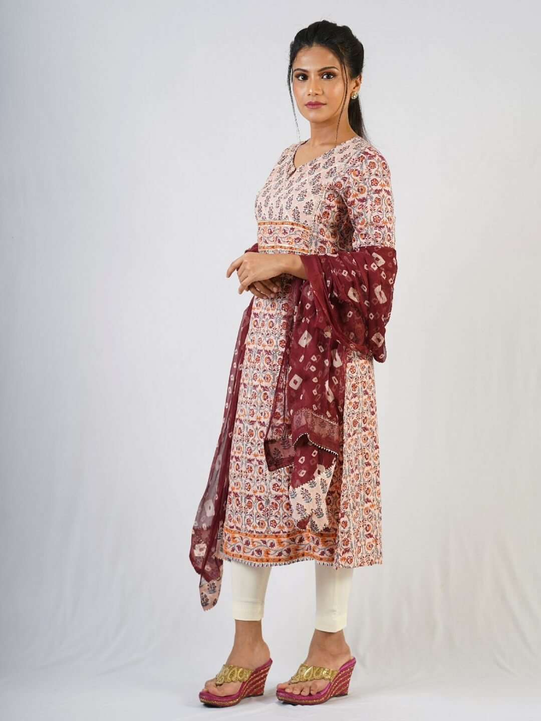Peach - Hand Batik Printed Cotton A-Line Kurta with Lace Work