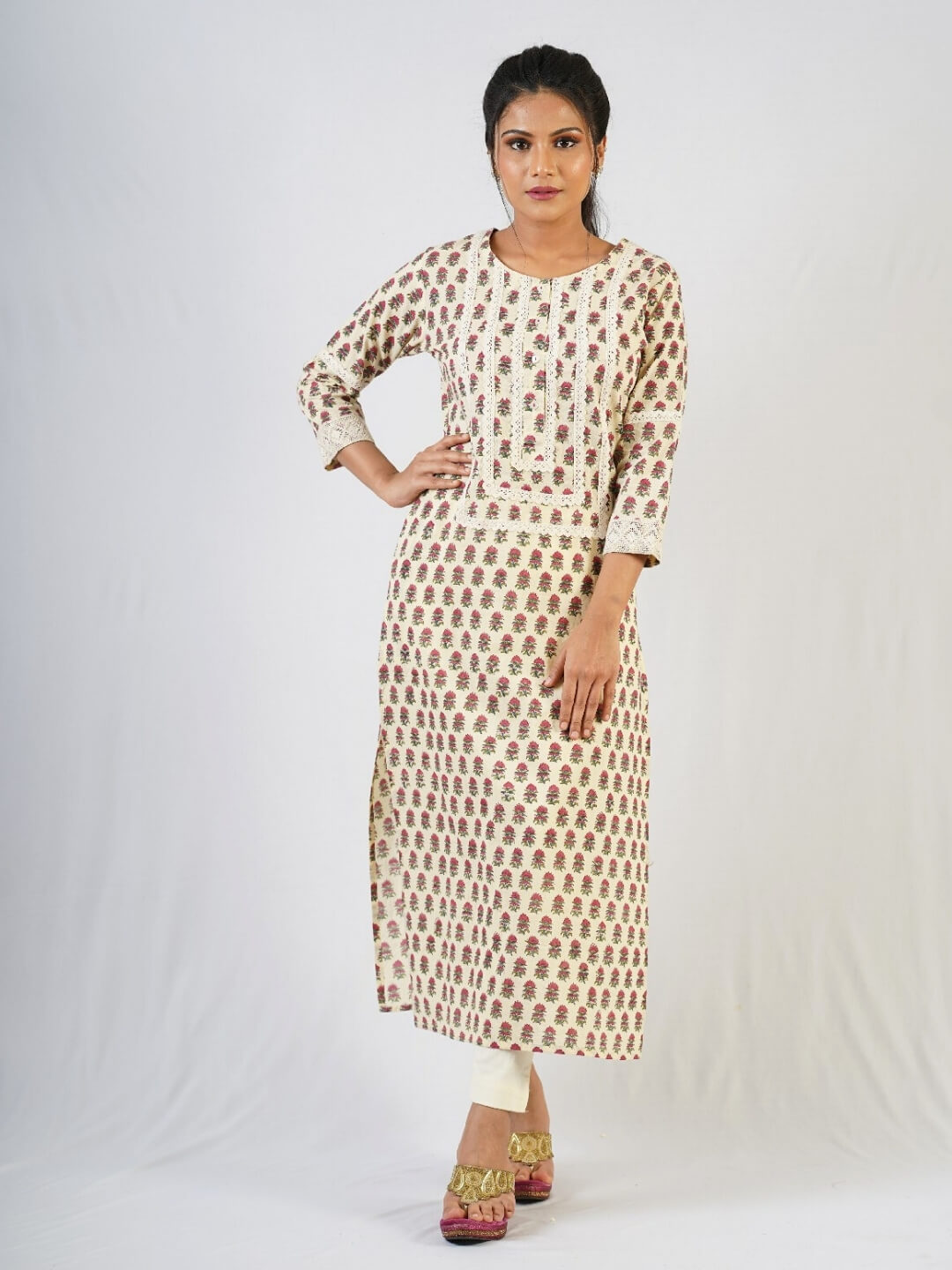 Beige - Bagru Hand Block Printed Cotton A-Line Long Kurta 01