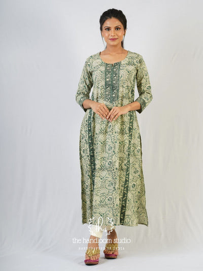 Green handblocked printed jamdani kurta