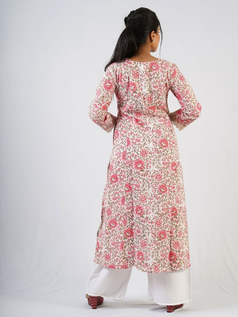 Pink Hand Block Print Long Kurta