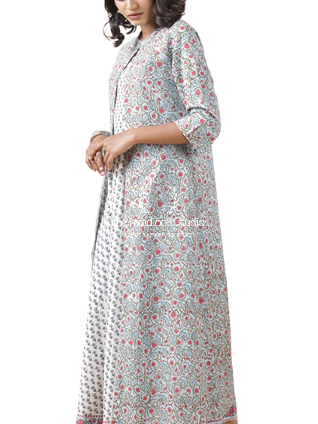 Short Kurta with Block Printed Red Floral Design Overlay