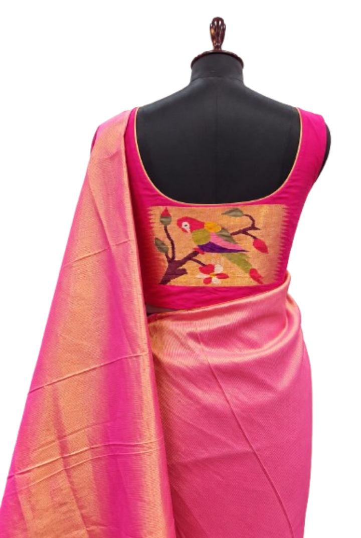 Pink pure silk blouse piece with parrot design