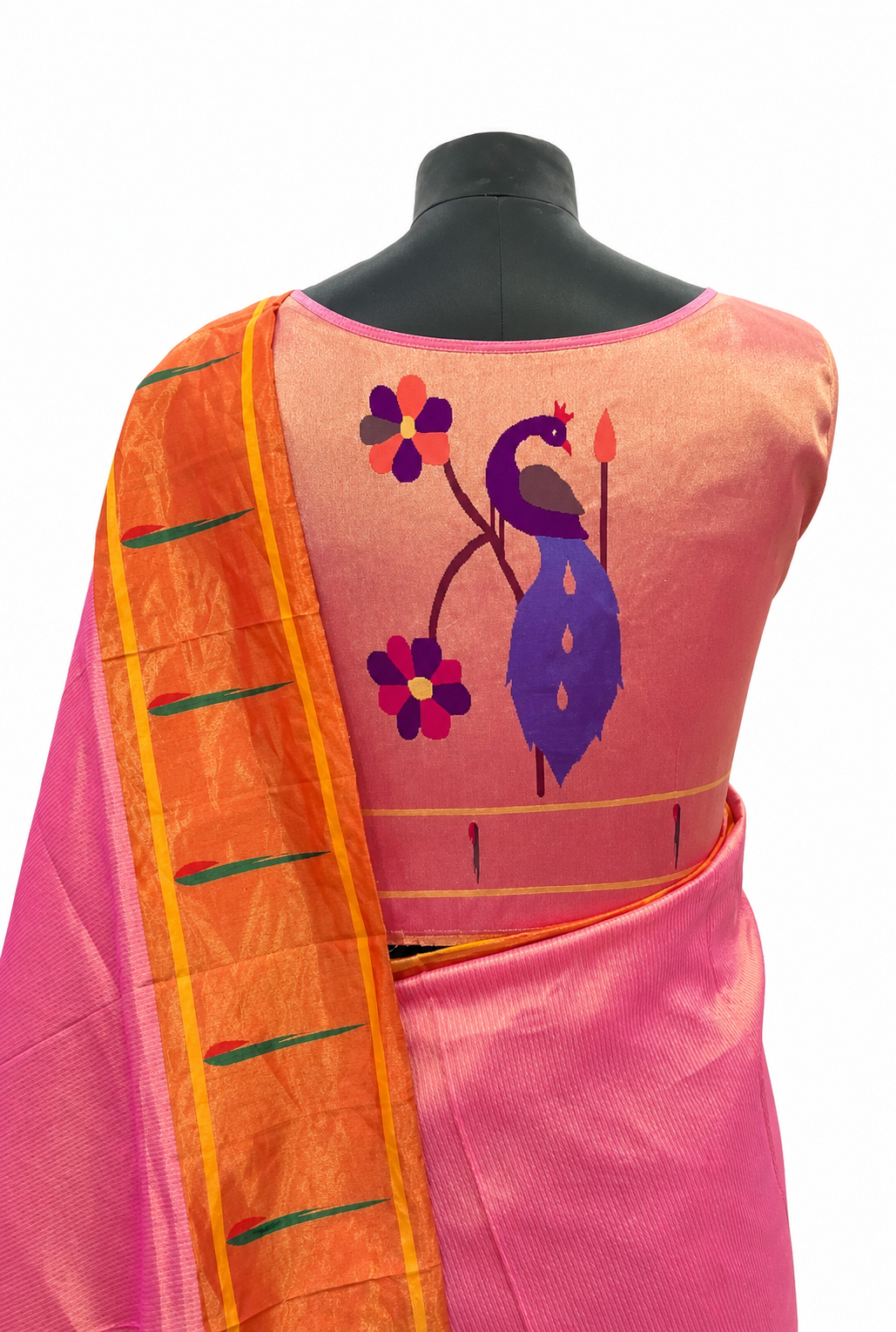 Golden Tissue Silk Blouse Piece with Peacock Design